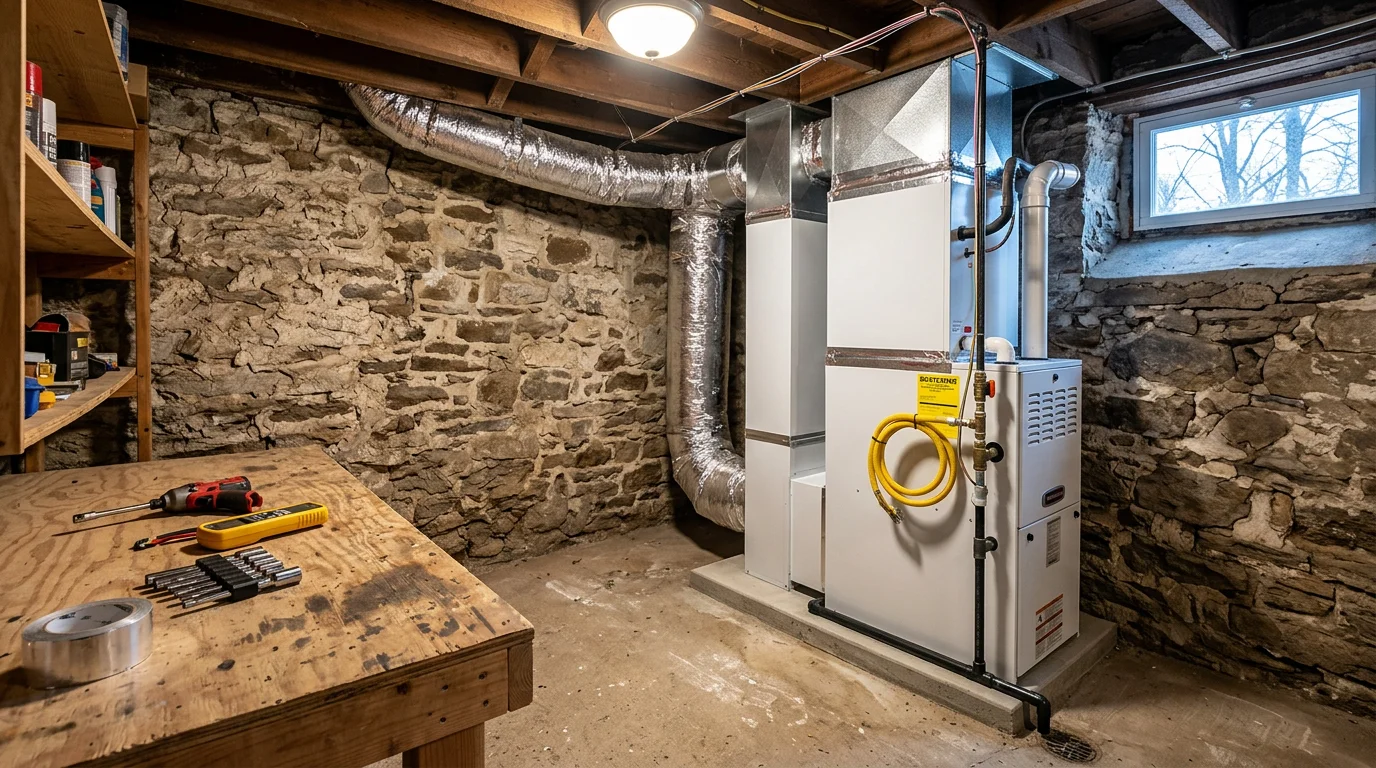 A new heating system installed in the mechanical room of a residential home in Delaware County, PA. The equipment is neatly mounted and connected, ready for winter operation.