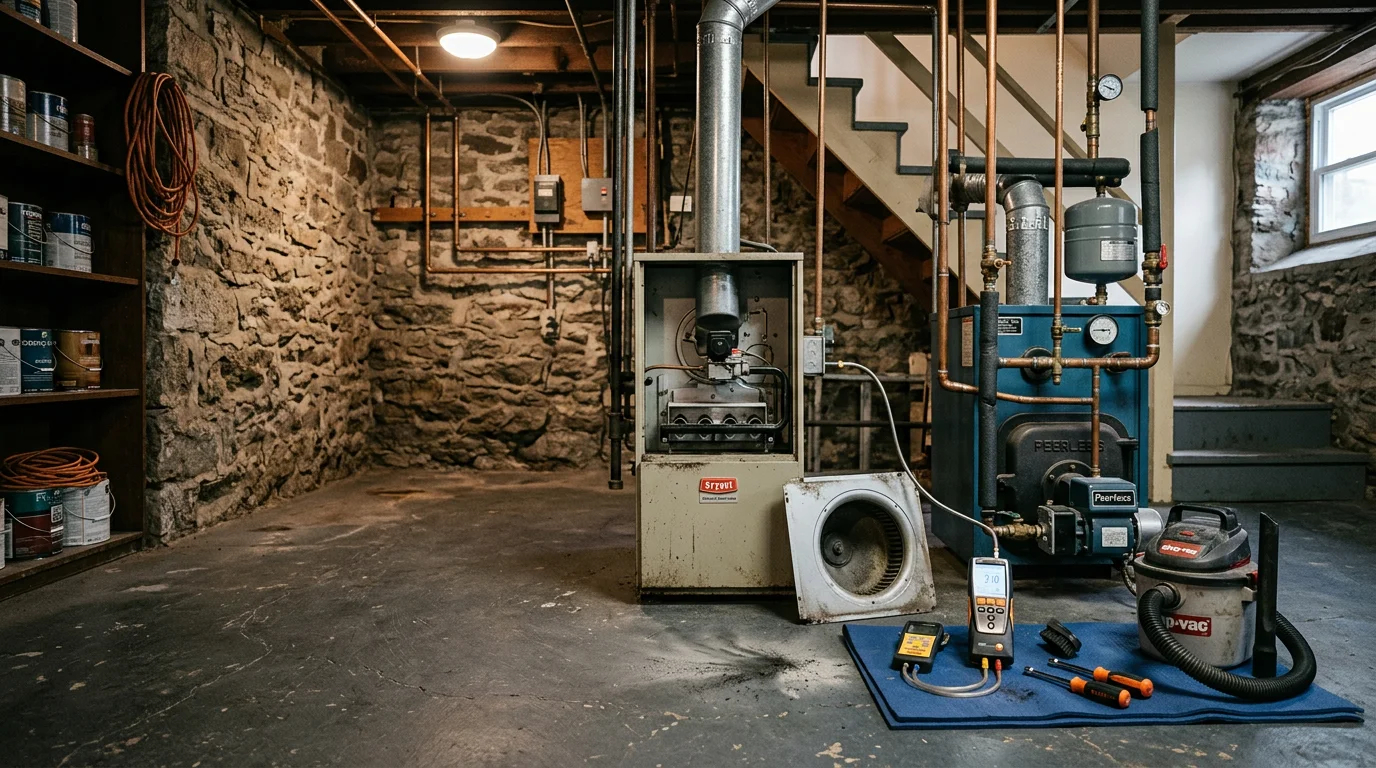 An HVAC technician inspecting a residential furnace during a heating system maintenance visit in Delaware County, PA. The technician checks internal components with a flashlight in a home utility room.