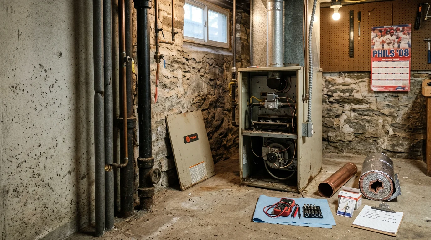 An HVAC technician inspecting a residential furnace in a Delaware County, PA home during a heating system repair visit. The technician examines internal components in a utility room typical of homes found throughout Media and Newtown Square.