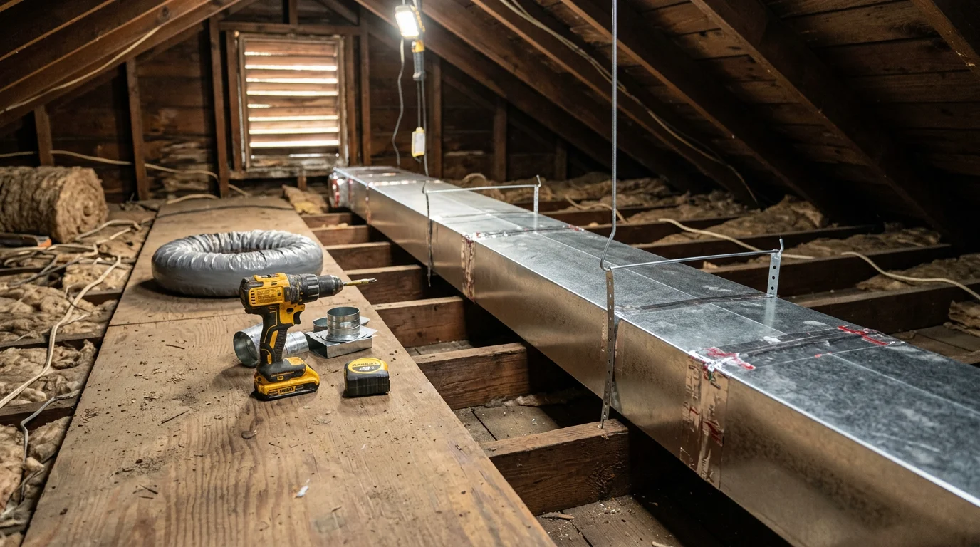 A technician installing new HVAC ductwork in the basement of a residential home in Delaware County, PA. Sheet metal supply ducts are routed along the ceiling joists with sealed connections leading to floor vents throughout the house.