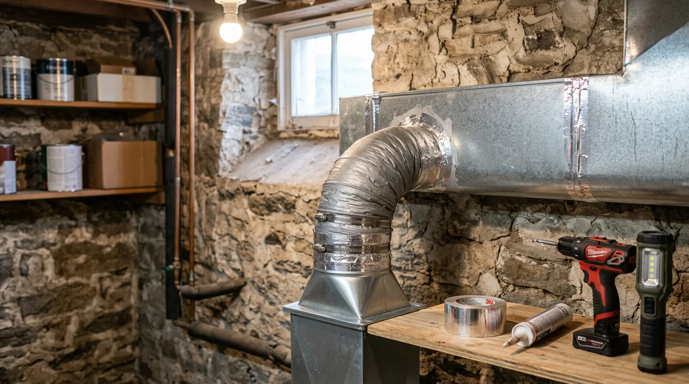 An HVAC technician sealing a leaking duct joint in the basement of a Delaware County, PA home. The repaired ductwork shows freshly applied mastic sealant at the connection point.