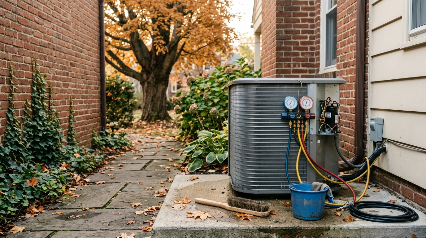 An HVAC technician inspecting and servicing a residential heating and cooling system at a home in Delaware County, PA. The technician checks internal components during a seasonal maintenance visit.