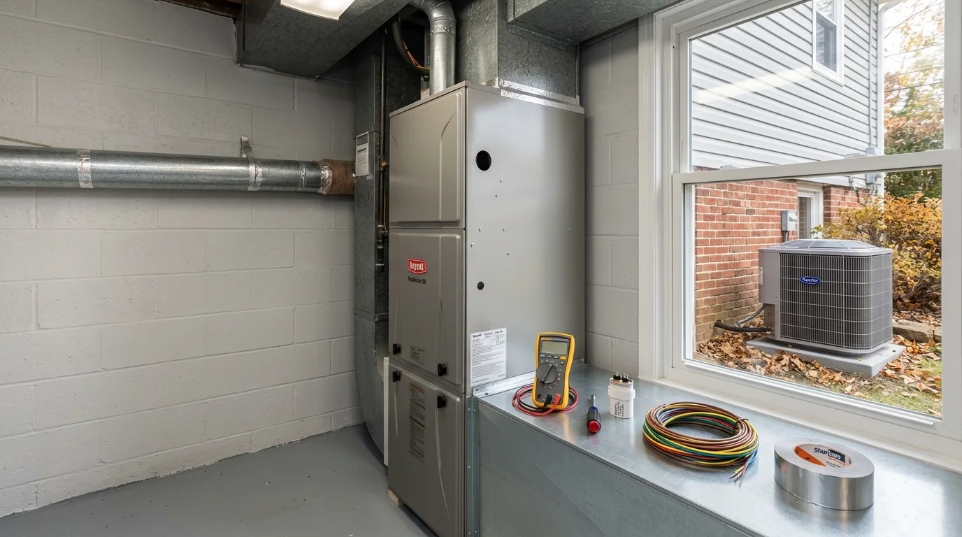 An HVAC technician inspecting an outdoor condenser unit at a residential home in Delaware County, PA. The system shows signs of a completed repair with access panels open and diagnostic tools nearby.