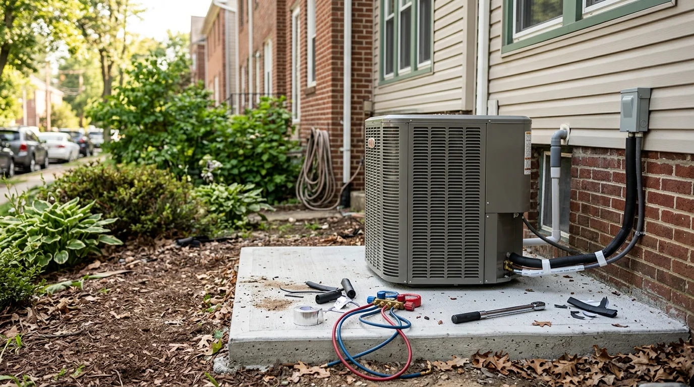 An HVAC technician completing a new central air conditioning installation at a single-family home in Delaware County, PA. The outdoor condenser unit is positioned beside the house on a clear summer day.