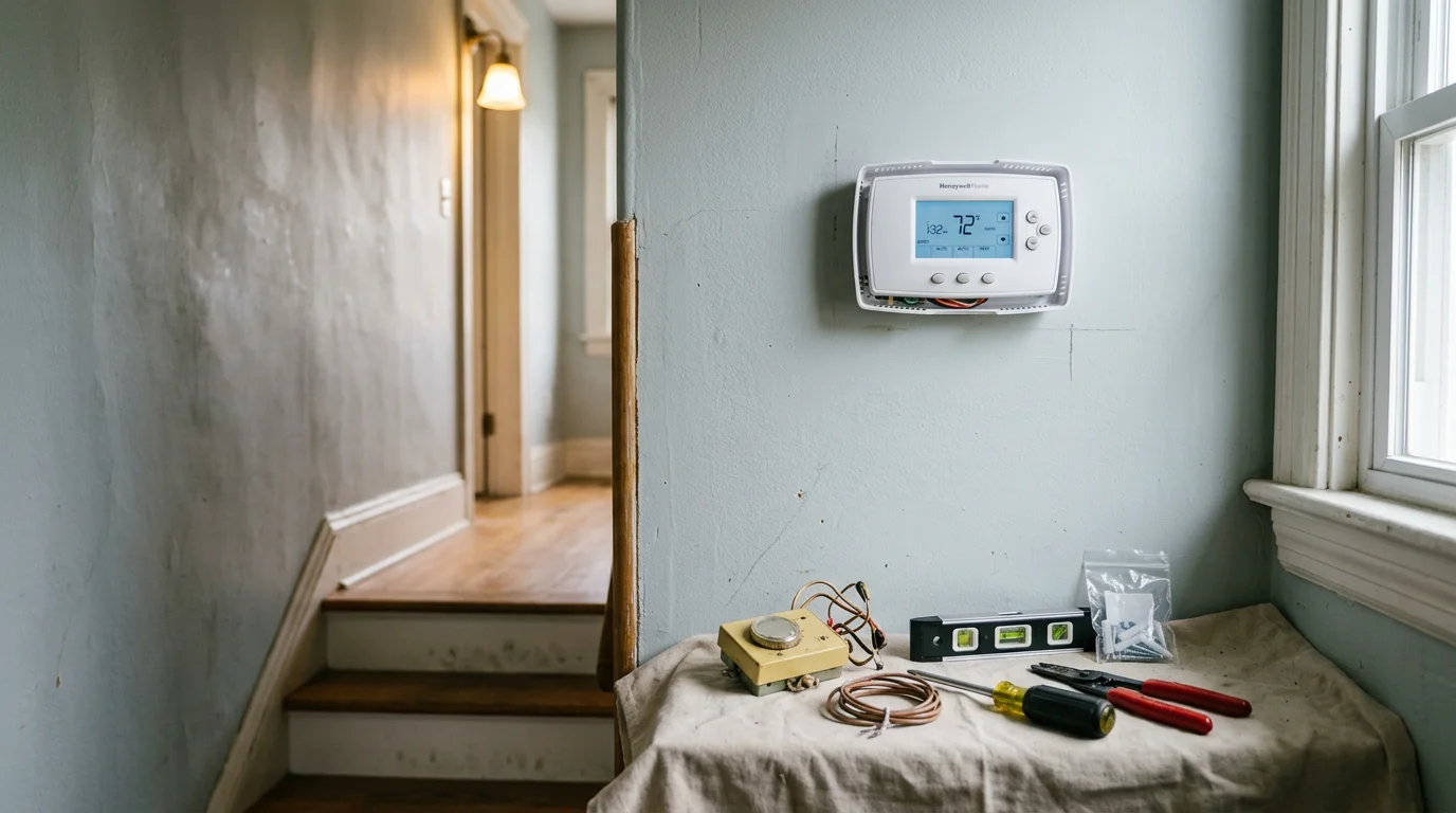 An HVAC technician installing a new thermostat on a wall inside a residential home in Delaware County, Pennsylvania. The thermostat is mounted and wired, ready for programming.