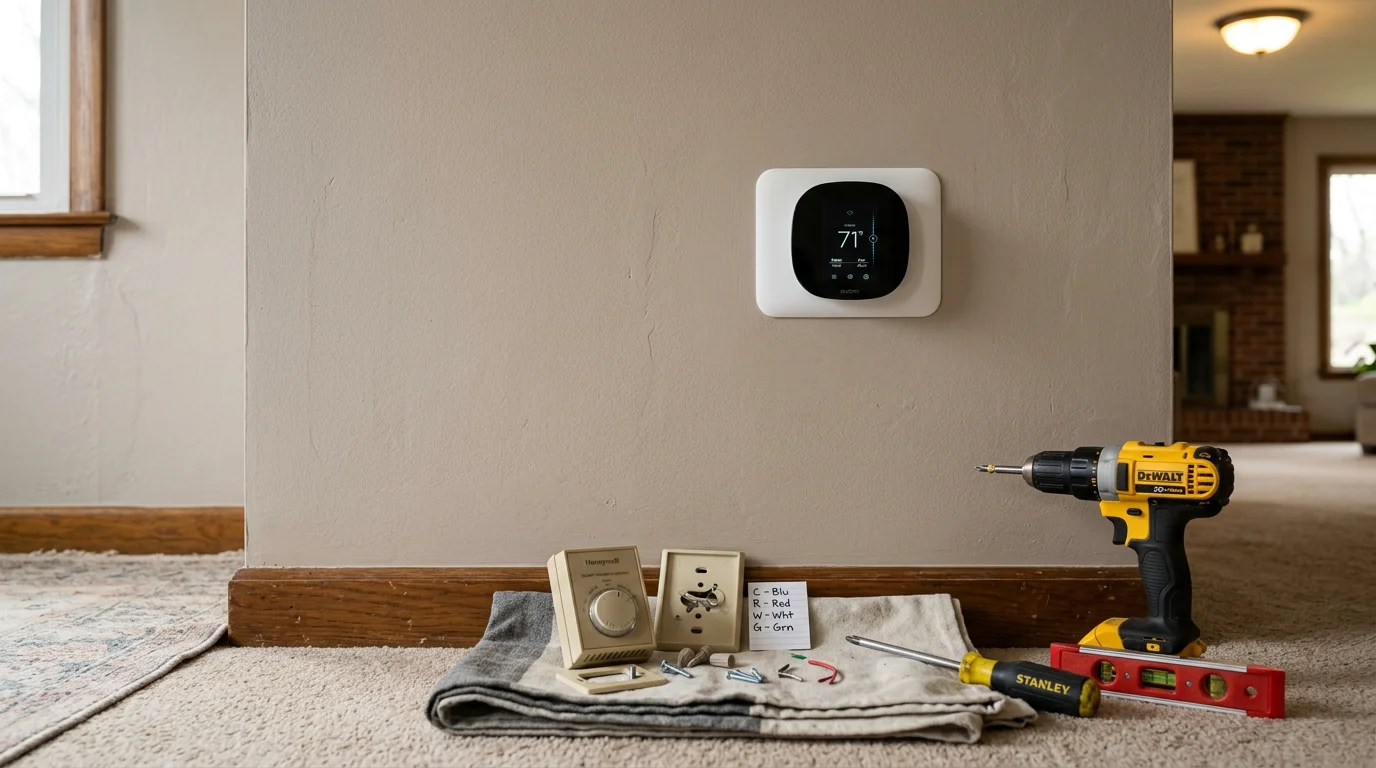 An HVAC technician installing a wall thermostat in a Delaware County home, with wiring connections visible and a residential heating system in the background.
