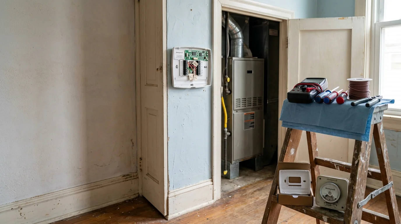 An HVAC technician inspecting and repairing a wall-mounted thermostat inside a Delaware County, Pennsylvania home. The thermostat wiring and control panel are visible during the diagnostic process.